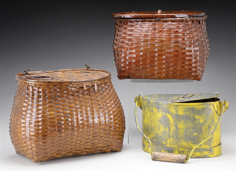 TWO BASKETRY FISHING CREELS AND METAL MINNOW BUCKET.                                                                                                                                                    