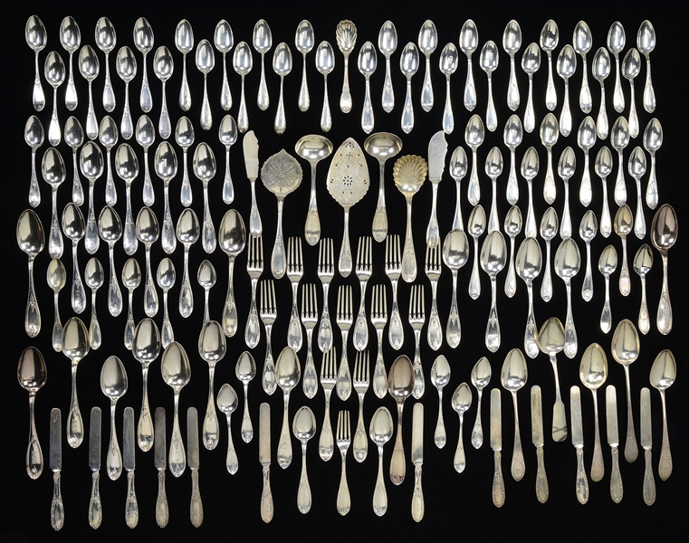 APPROXIMATELY 120 AMERICAN COIN SILVER FLATWARE PIECES BY VARIOUS MAKERS.                                                                                                                               