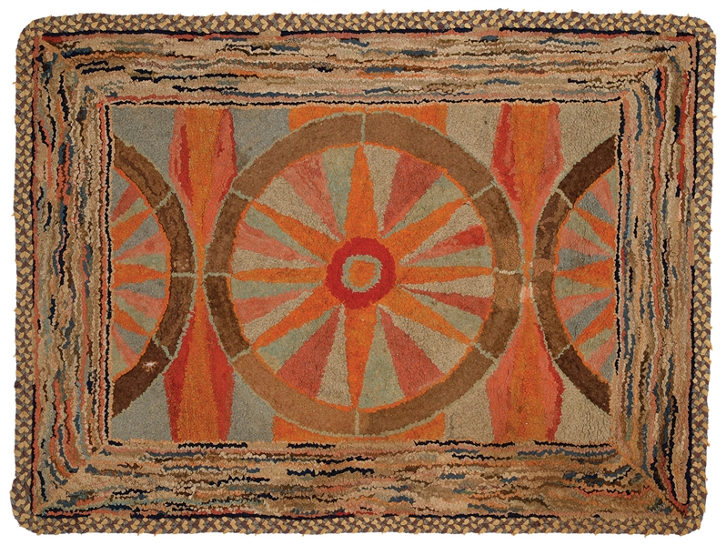 FINE AMERICAN HOOKED RUG OF "COMPASS" DESIGN.                                                                                                                                                           