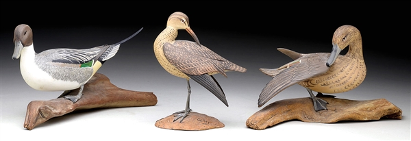 TWO DUCK AND SHOREBIRD CARVINGS BY WENDELL H. GILLEY.                                                                                                                                                   
