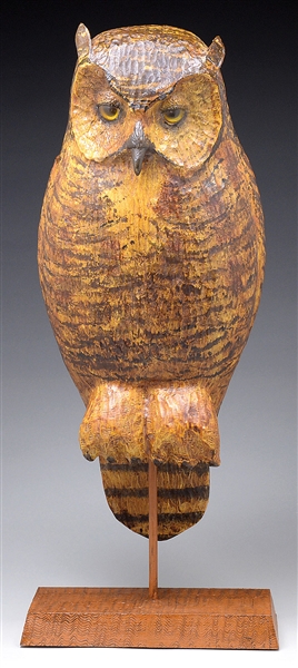 FOLK ART CARVED AND PAINT DECORATED OWL ON STAND.                                                                                                                                                       
