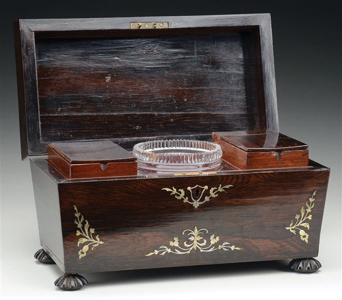 VICTORIAN ROSEWOOD AND MOTHER OF PEARL INLAID CASQUE FORM TEA CADDY.                                                                                                                                    