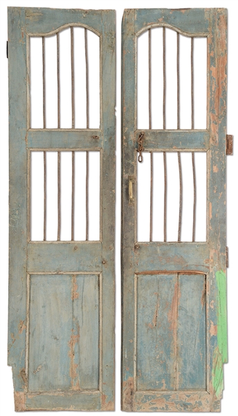 PAIR OF COUNTRY FRENCH FARMHOUSE DOORS IN BLUE PAINT.                                                                                                                                                   