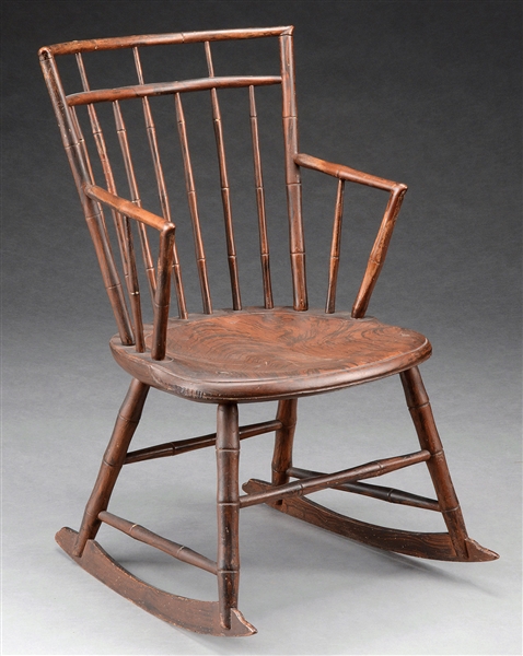 FINE BIRDCAGE WINDSOR GRAIN PAINTED ROCKING CHAIR WITH ARMS.                                                                                                                                            
