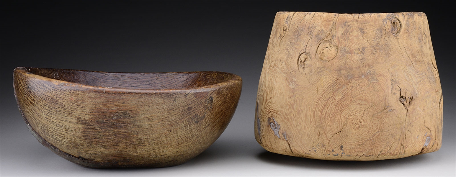 EARLY AMERICAN BURL BOWL TOGETHER WITH AN OAK EXAMPLE.                                                                                                                                                  