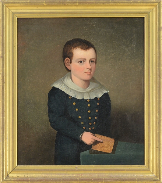 AMERICAN SCHOOL (19TH CENTURY) HALF-LENGTH PORTRAIT OF A YOUNG BOY HOLDING A BOOK.                                                                                                                      