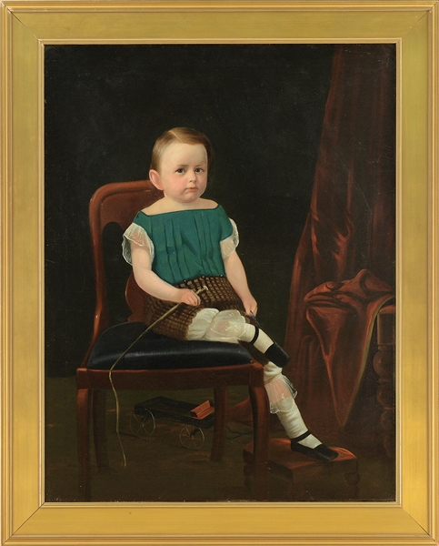 AMERICAN SCHOOL (19TH CENTURY) FULL LENGTH PORTRAIT OF YOUNG BOY SEATED HOLDING A CROP.                                                                                                                 