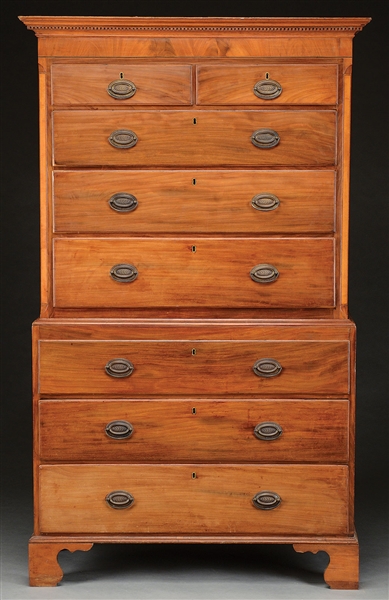 CHIPPENDALE INLAID MAHOGANY CHEST ON CHEST.                                                                                                                                                             