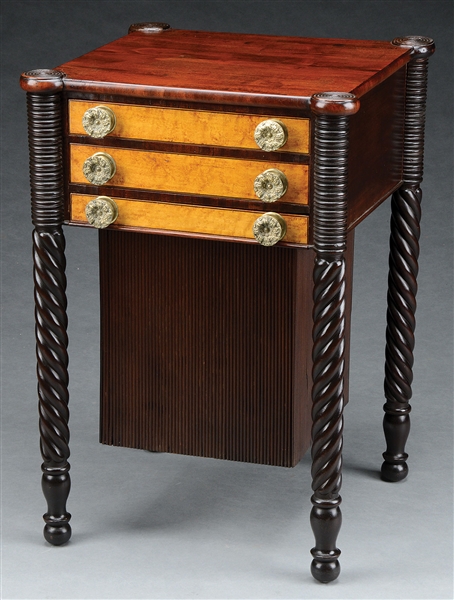 EXCEPTIONAL SHERATON MAHOGANY AND BIRDS EYE MAPLE SEWING TABLE.                                                                                                                                        