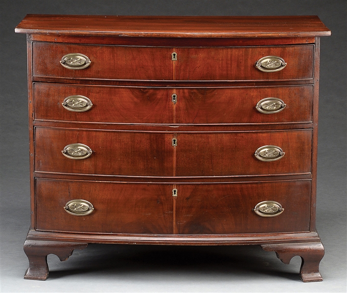 CHIPPENDALE CENTENNIAL INLAID MAHOGANY BOW FRONT CHEST OF DRAWERS.                                                                                                                                      