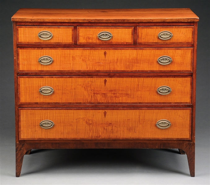 FEDERAL CHERRY, TIGER MAPLE AND MAHOGANY CHEST OF DRAWERS.                                                                                                                                              