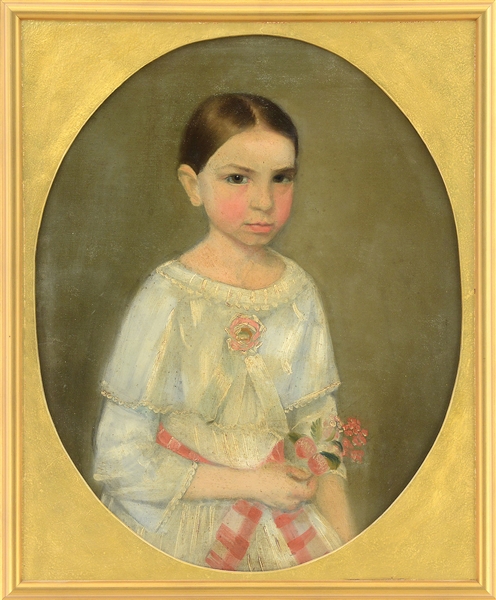 AMERICAN SCHOOL (19TH CENTURY) NAIVE BUST LENGTH PORTRAIT OF A YOUNG GIRL WITH FLOWERS.                                                                                                                 