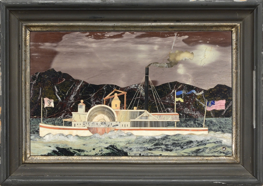 PIETRA DURA FRAMED SCENE OF AN AMERICAN PADDLE STEAMER.                                                                                                                                                 