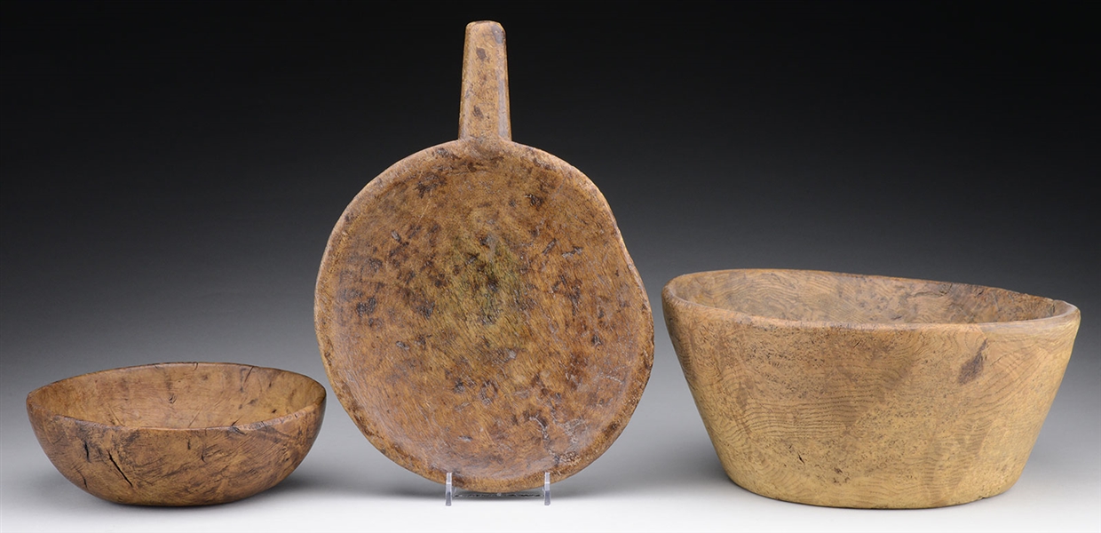 TWO EARLY AMERICAN BURL BOWLS AND A SKIMMER.                                                                                                                                                            