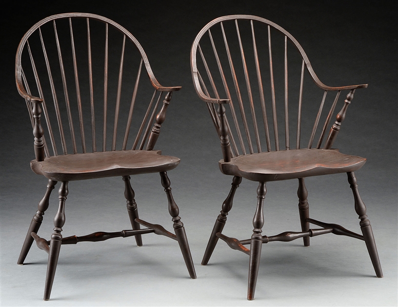 PAIR OF GEORGE AINLEY CONTINUOUS ARM WINDSOR CHAIRS.                                                                                                                                                    