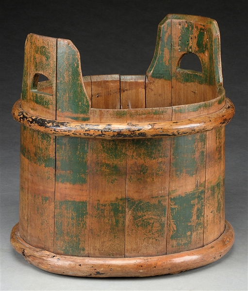 ROUND WOOD TUB WITH CUTOUT HANDLES AND BENTWOOD STAVES IN GREEN PAINT                                                                                                                                   