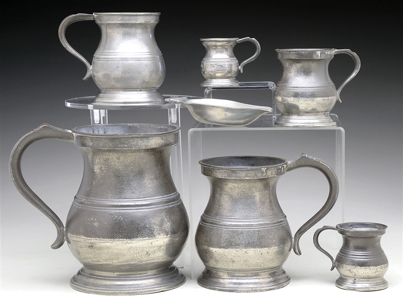 GROUP OF SIX ENGLISH PEWTER MEASURES TOGETHER WITH A PEWTER SCOOP.                                                                                                                                      