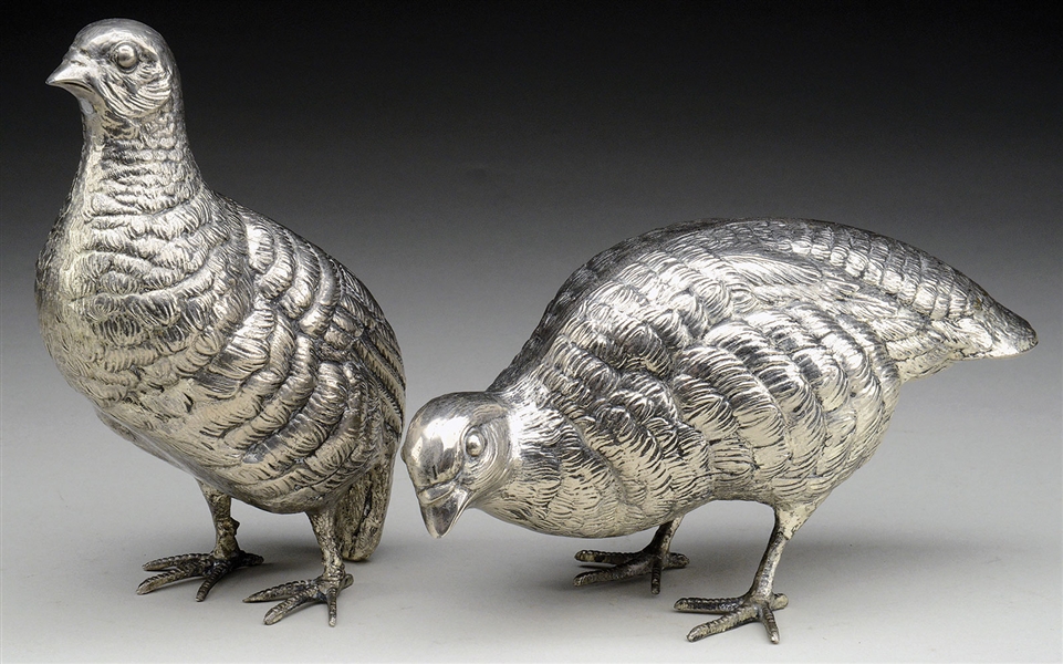 PAIR OF ENGLISH SILVER FINISHED QUAIL TABLE DECORATIONS.                                                                                                                                                