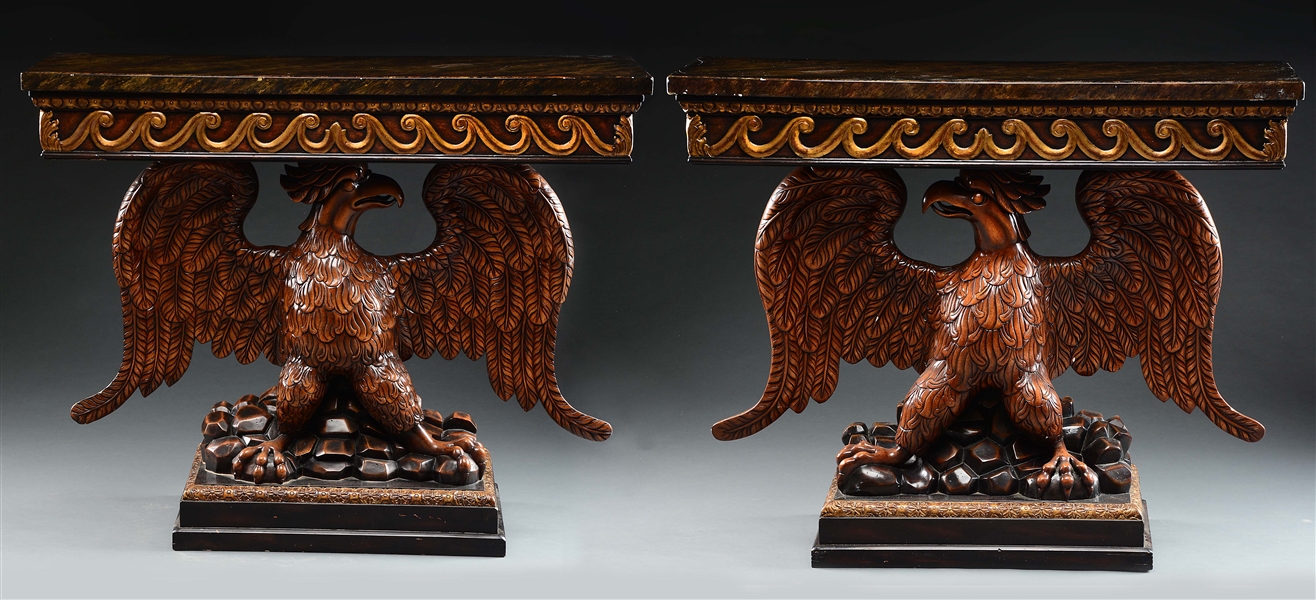 PAIR OF GEORGE II STYLE EAGLE CONSOLE TABLES. 