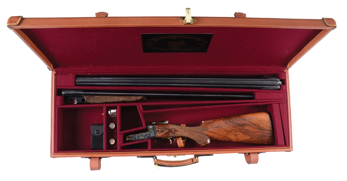 (M) PARKER REPRODUCTION A-1 SPECIAL 20 GAUGE SHOTGUN WITH EXTRA BARRELS AND CASE AS WELL AS BOXES.