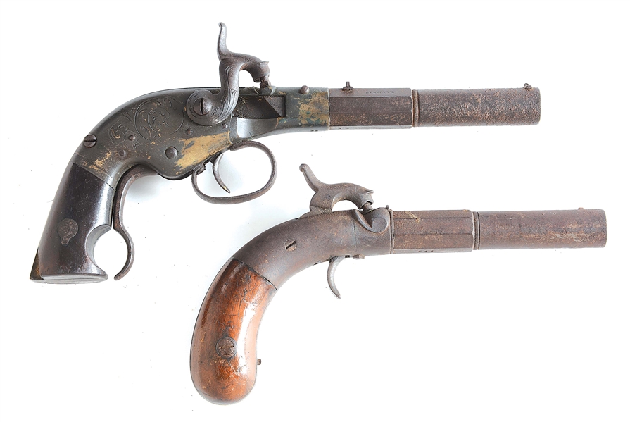 (A) LOT OF 2 AS FOUND PERCUSSION 1850S AMERICAN PISTOLS: SINGLE SHOT ALLEN & WHEELOCK & MARSTON BREECH-LOADING SINGLE SHOT.