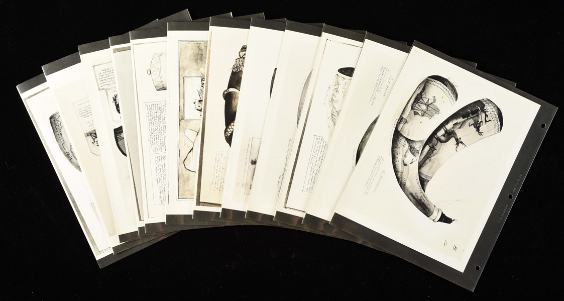 RARE SET OF ORIGINAL PHOTOGRAPHS OF RUFUS GRIDER DRAWINGS WITH NOTES.
