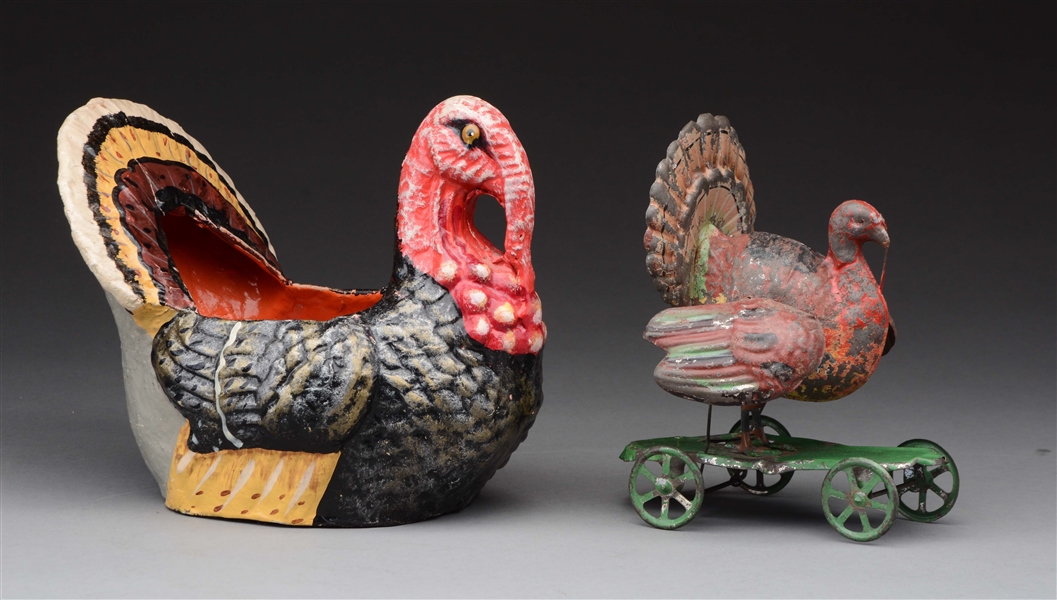 LOT OF 2:  TURKEY CANDY CONTAINER AND EARLY 1800 TIN TURKEY PULL TOY.  