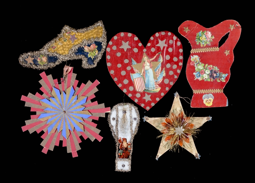 LOT OF 6: PAPER & TINSEL CHRISTMAS ORNAMENTS. 