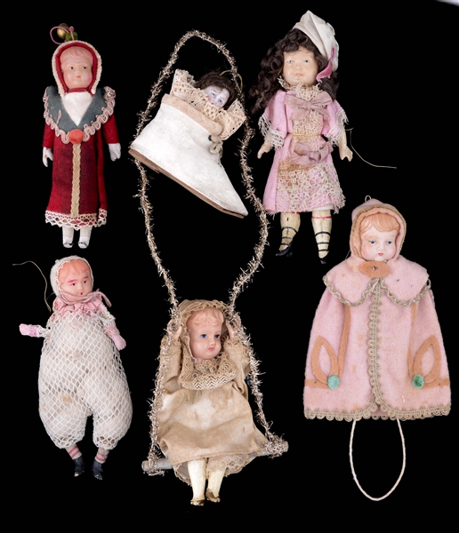 LOT OF 6: DOLL CHRISTMAS ORNAMENTS. 