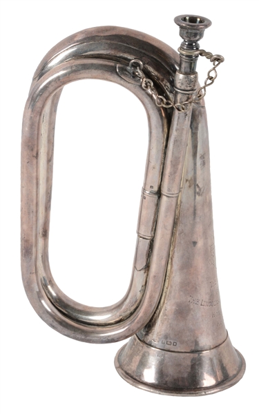 BRITISH STERLING SILVER LINCOLNSHIRE REGIMENT BUGLE DATED 1933.