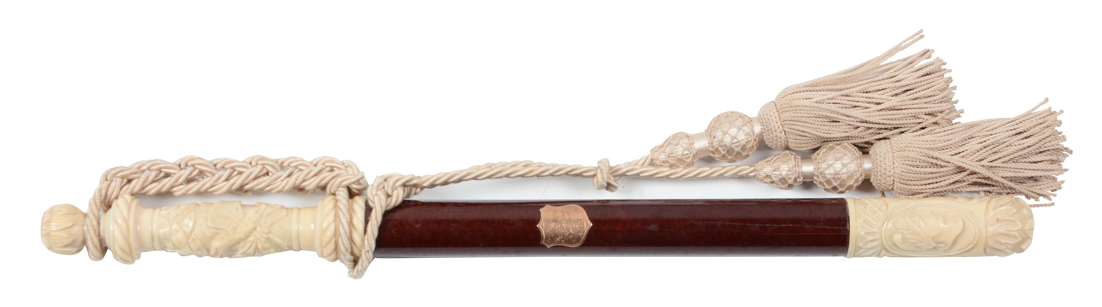 CASED PRESENTATION ROSEWOOD AND IVORY POLICE BATON WITH SOLID GOLD PRESENTATION INSCRIBED PLAQUE.