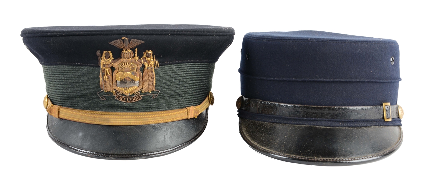 LOT OF 2: MODEL 1902 NY NG OFFICERS VISOR CAP & MODEL 1895 ENLISTED CAP IN ORIGINAL BOXES.