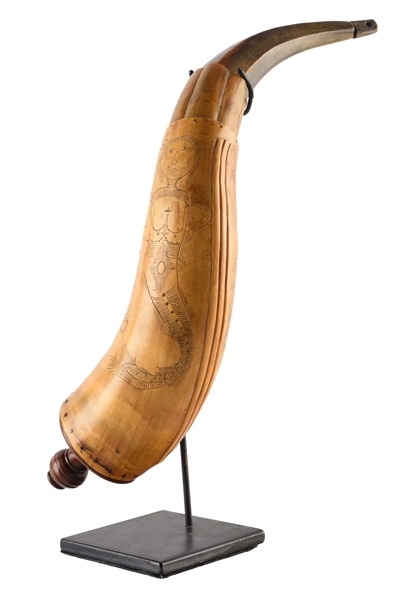 FINE ARCHITECTURAL AND FOLK ART CARVED POWDER HORN DATED 1759.