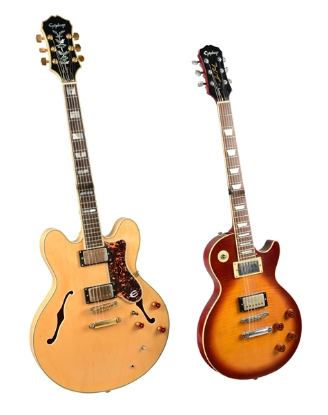 LOT OF 2: EPIPHONE BY GIBSON HOLLOW BODY AND LES PAUL ELECTRIC GUITARS. 