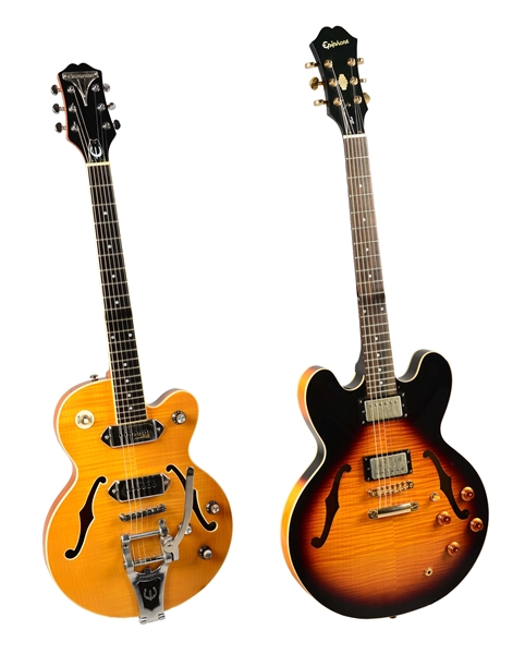 LOT OF 2: EPIPHONE WILDKAT AND DOT DELUXE VS ELECTRIC GUITARS. 