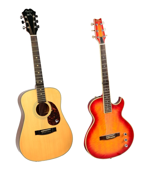 LOT OF 2: EPIPHONE ACOUSTIC AND WASHBURN ELECTRIC GUITAR. 