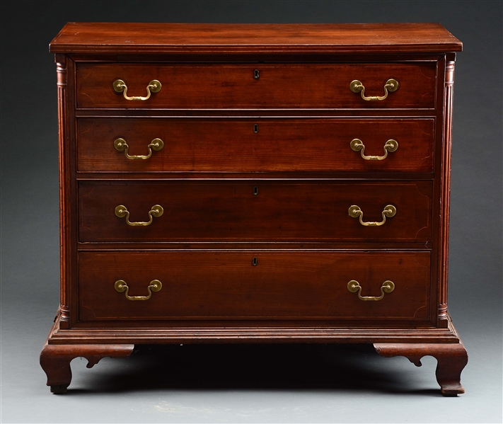 CHIPPENDALE INLAID CHERRY FOUR DRAWER CHEST.
