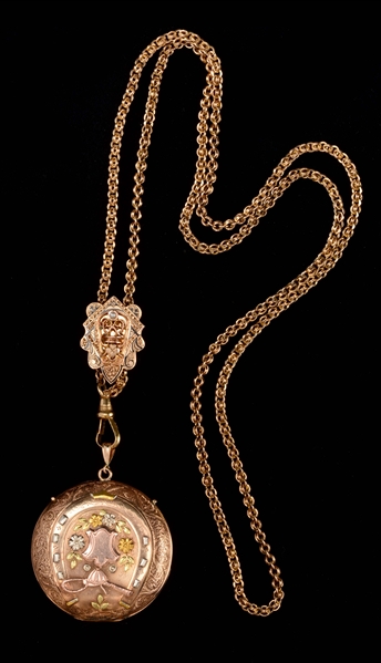 10K GOLD VICTORIAN SLIDE ON CHAIN WITH LOCKET. 