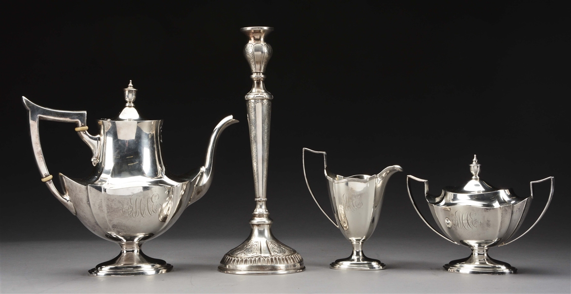 GROUP OF 4: THREE PIECE STERLING SILVER COFFEE SET & STERLING DECORATED CANDLESTICK.