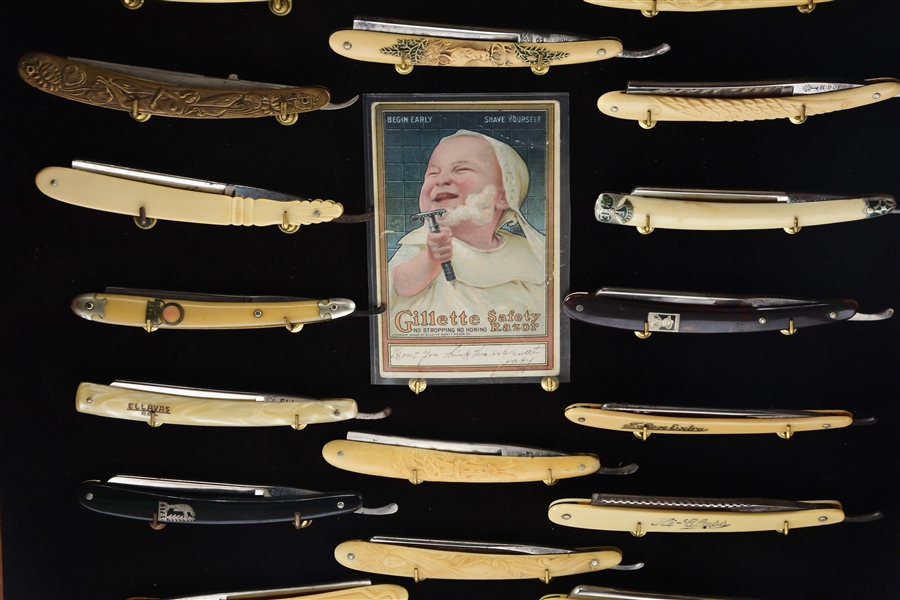 Framed Razorblade Collection Lot Detail - FRAMED COLLECTION OF STRAIGHT RAZORS.