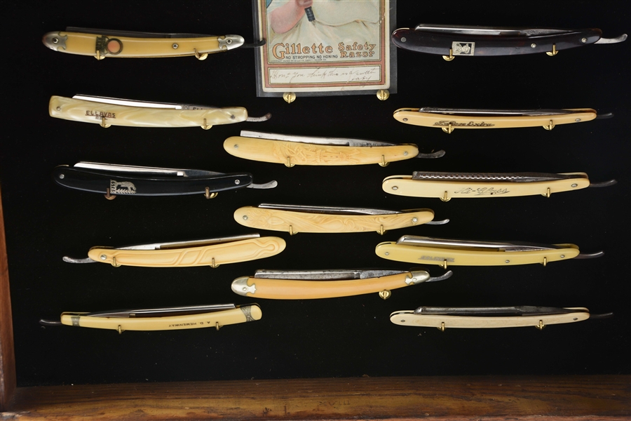 Framed Razorblade Collection Lot Detail - FRAMED COLLECTION OF STRAIGHT RAZORS.