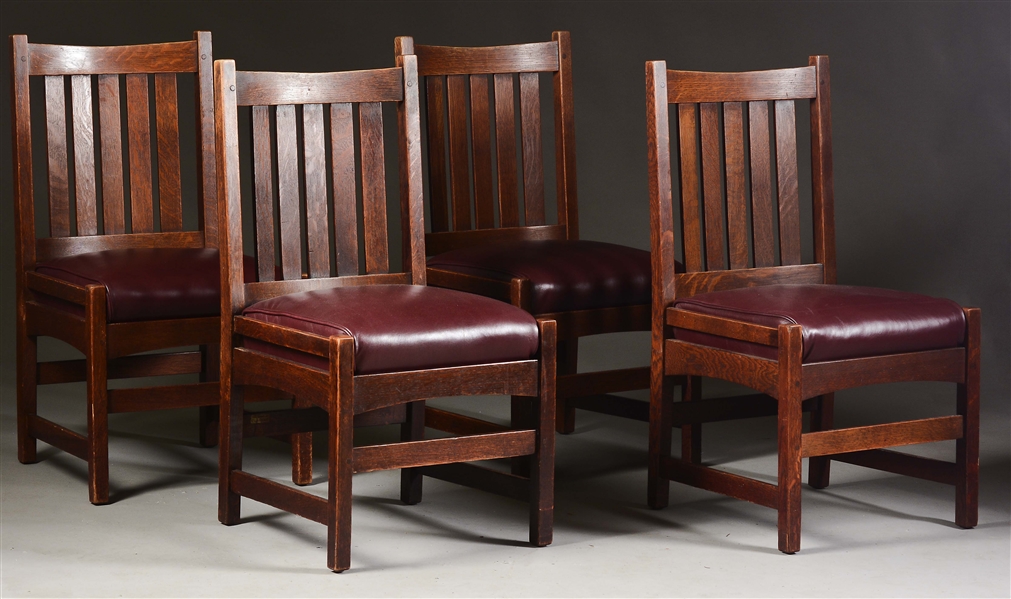 SET OF FOUR L&JG STICKLEY HIP-RAIL DINING CHAIRS, NO. 424.