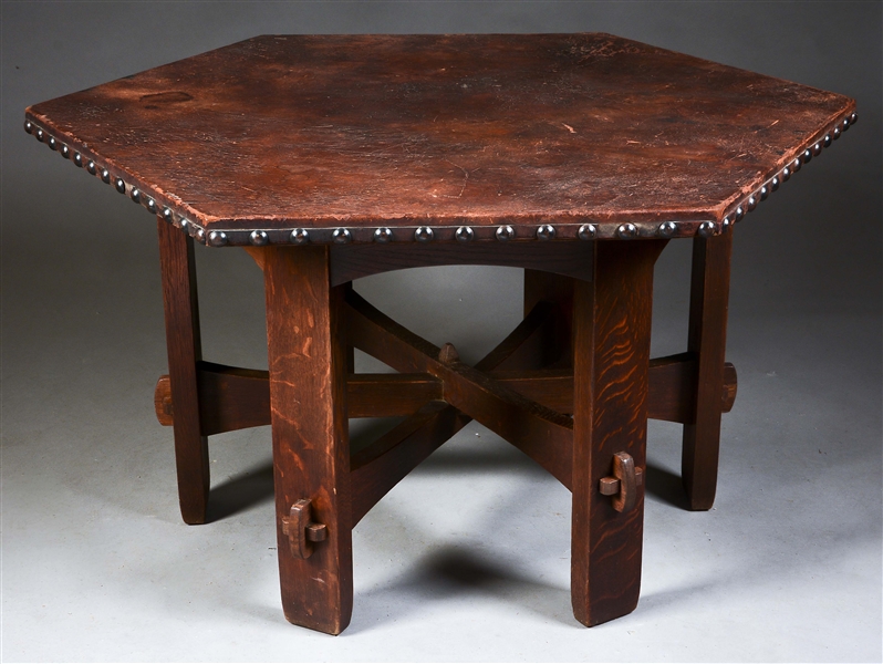 RARE GUSTAV STICKLEY HEXAGONAL LEATHER TOP LIBRARY TABLE, NO. 625.