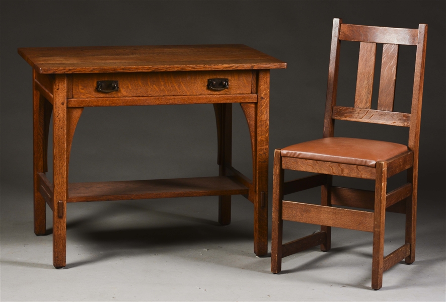 LOT OF 2: L&JG STICKLEY LIBRARY TABLE WITH DESK CHAIR, NO. 520.