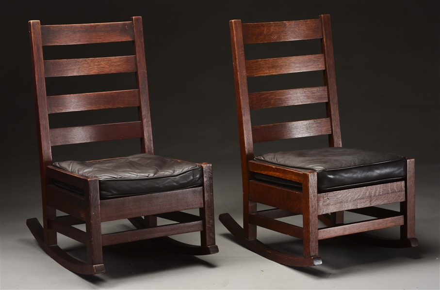 LOT OF 2: PAIR OF EARLY GUSTAV STICKLEY HIP-RAIL ROCKERS, NO. 303.
