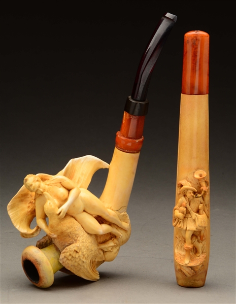 LOT OF 2: WELL-CARVED MEERSCHAUM PIPES. 