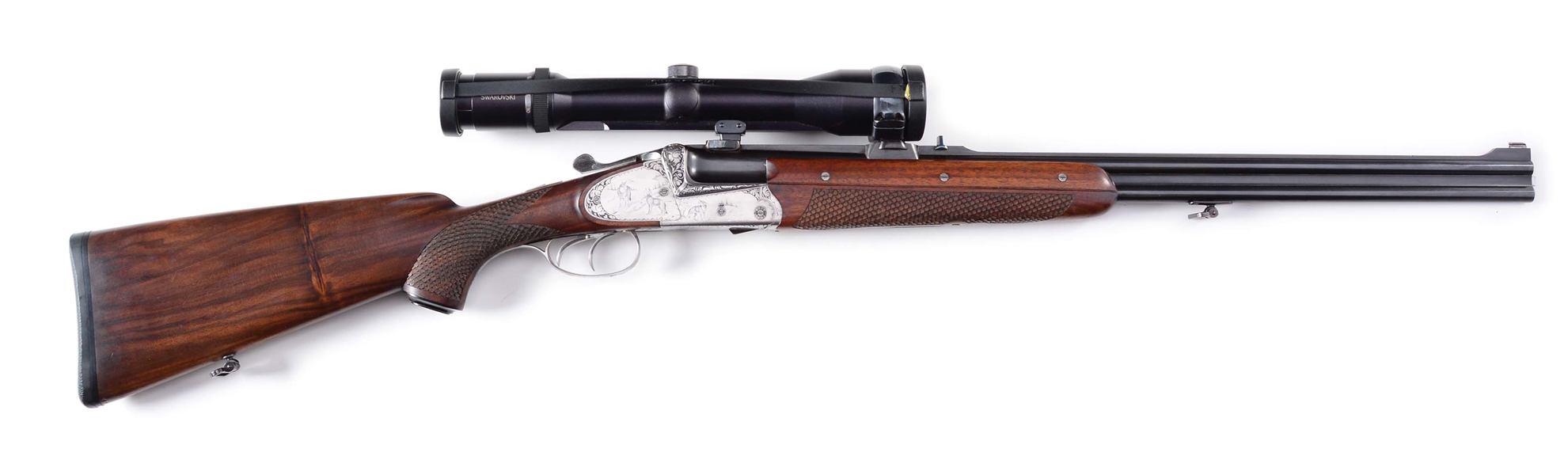 (M) OVER - UNDER SIDEPLATED BLITZ ACTION EJECTOR 30-06 DOUBLE RIFLE OF SUPERIOR QUALITY BY BERNHARD FRITZ HAVING EXCEPTIONAL WESTERN AMERICAN GAME SCENE ENGRAVINGS BY OBERDORFER WITH SWAROVSKI SCOPE.