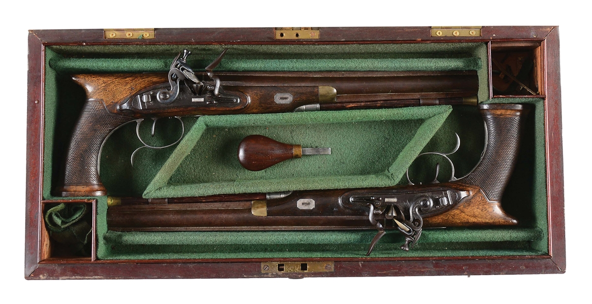 (A) IMPORTANT PAIR OF HIGH QUALITY AMERICAN MADE SILVER MOUNTED FLINTLOCK SAW-HANDLED DUELING PISTOLS BY  JOHN SCHIRER OF CHARLESTON, S.C. WITH UNUSUAL RIBBED BARRELS, IN CASE. 