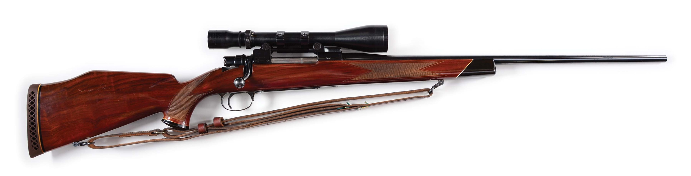 (C) EARLY WEATHERBY-FN SOUTHGATE BOLT ACTION RIFLE WITH SCOPE.