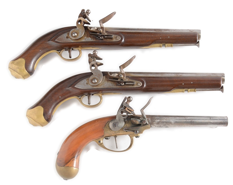 (A) LOT OF 3: CHARLEVILLE AND TOWER REPRODUCTION FLINTLOCK PISTOLS.